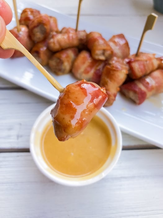 bacon wrapped pork skewer.