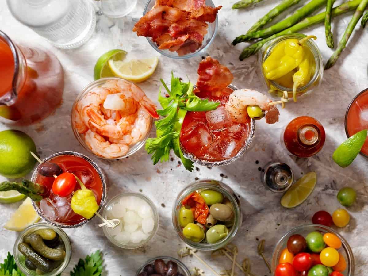 Garnishes for a bloody mary on table.