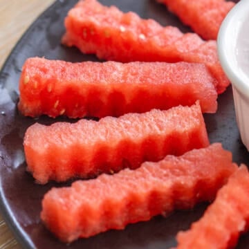 Watermelon fries on plate.