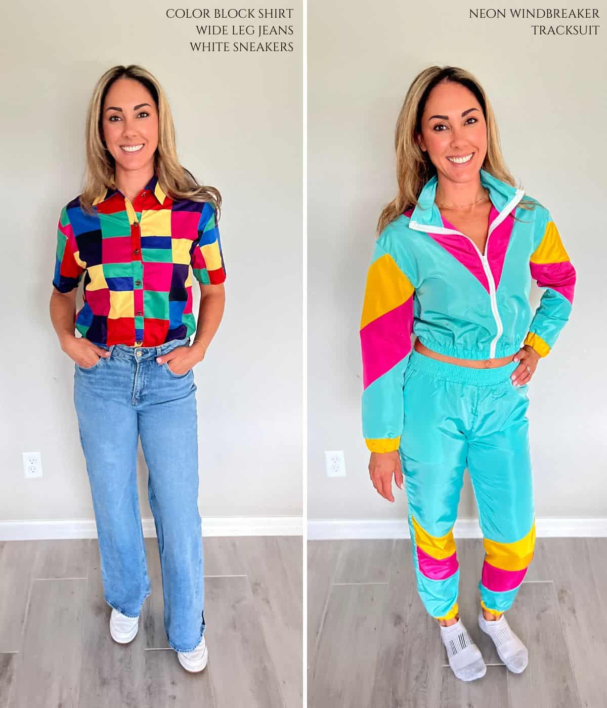 Aleka in colorful 90's clothes for a party.