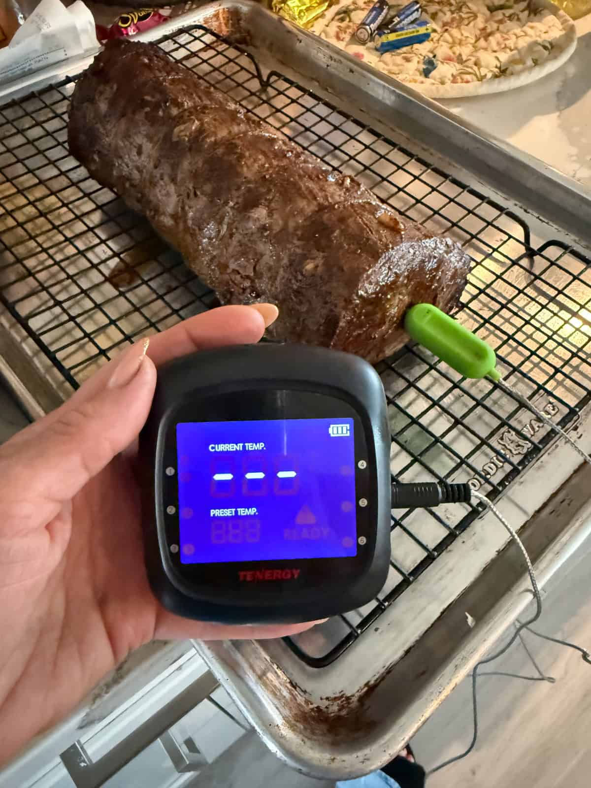 Setting up my meat thermometer in my roast.